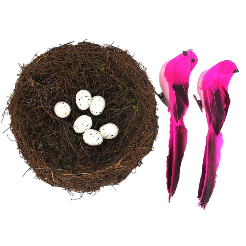 Realistic Artificial Woven Bird Nest Basket With Foam Chick Figure And Eggs Indoor Outdoor Easter Celebration Decoration