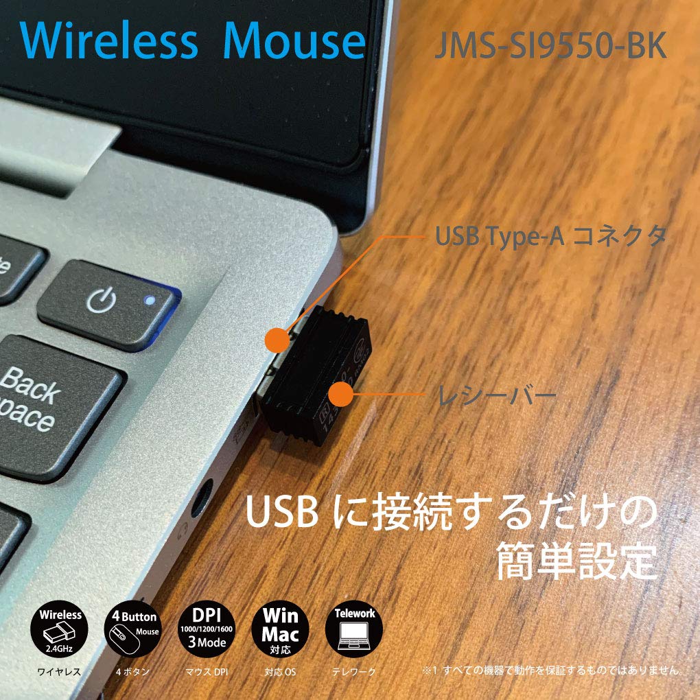 CompuCase Japan Wireless Mouse, USB Connection, 2.4GHz, 100012001600 DPI, High Precision, Telework, Energy Saving Mode, JMS-SI9550-BK