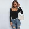 YYFS Women's Fashion Casual Solid Color Print Summer Spring Long Sleeve Square Collar Sexy Slim Bodysuits