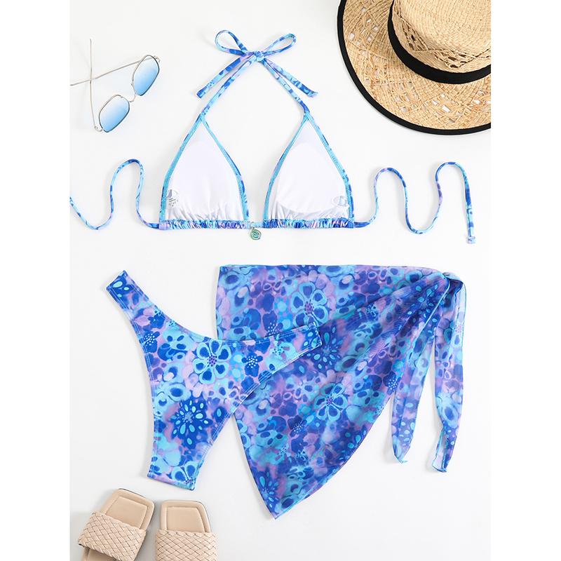 Women Halter String Bikinis With Beach Skirt Printed Swimwear Female Prints Swimsuit Bather Bathing Swimming Suit