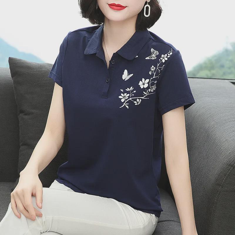 2023 Women's Summer Loose Cotton Lapel T-Shirt with Short Sleeves for Middle-Aged Women