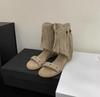 Inner Heightening Leather Roman Rivets Fringed Cool Boots Women'S Wedge Heel Open-Toed Bohemian Sandals