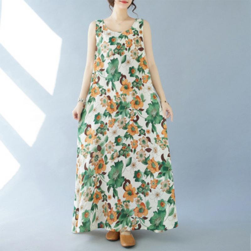 Summer Plus Women's Retro Artistic Loose Print Sleeveless Cotton Linen Dress Vest Suspender Casual Dresses