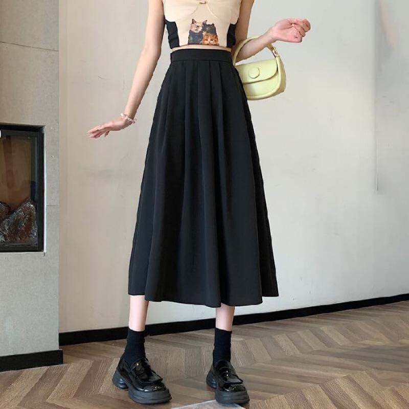 Spring 2025 High-Waist Pleated A-Line Midi Skirt for Women