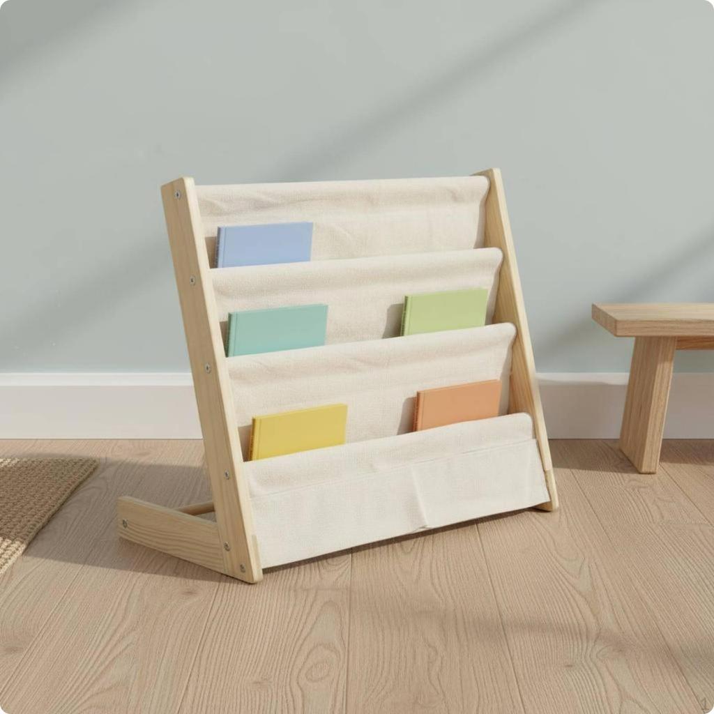 Children's Book Display Rack Eco Friendly Wood Picture Shelf Wooden Frame Floor Standing