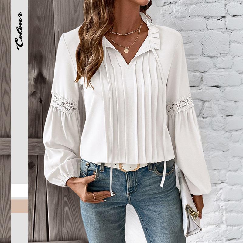 YYFS Women's Fashion Casual Spring Autumn Solid Color Print Long Sleeve V-Neck Blouses & Shirts