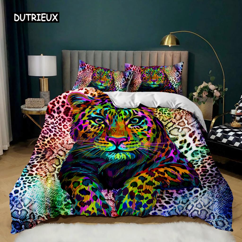 Tiger Duvet Cover Set Red Rose Flower Comforter Cover Boys African Safari Wild Animals Big Cat Queen King Polyester Qulit Cover