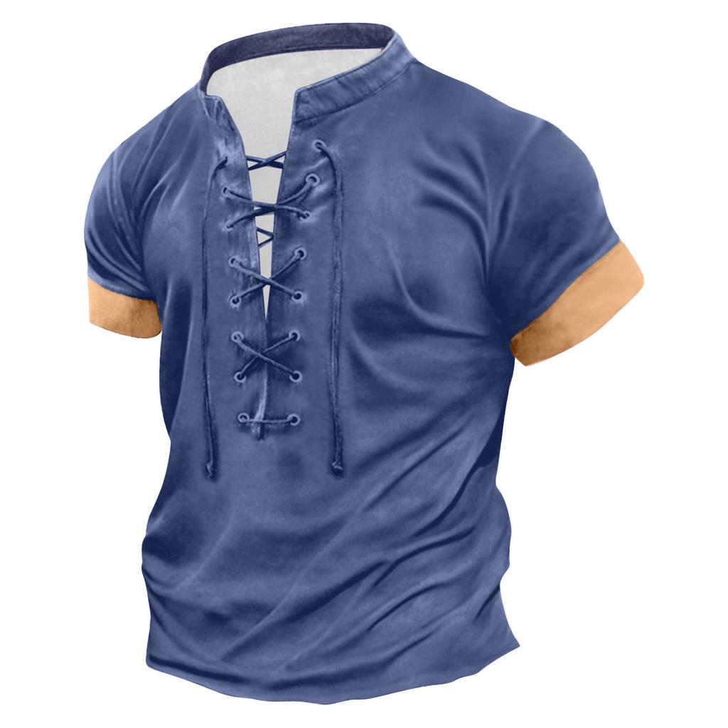 Men's Casual Lace-Up V-Neck Short Sleeve T-Shirt - Soft and Comfortable Summer Top