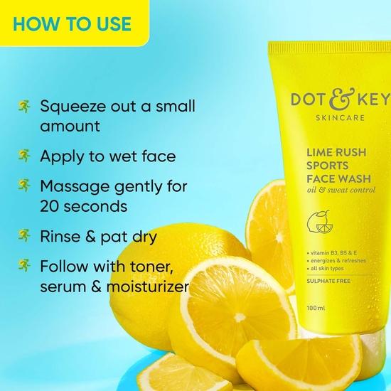 DOT & KEY Lime Rush Sports Face Wash Deep Cleans Oil, Sweat & Dirt For Refreshingly Clean & Oil Free Skin For All Skin Types Sulphate Free, 100Ml