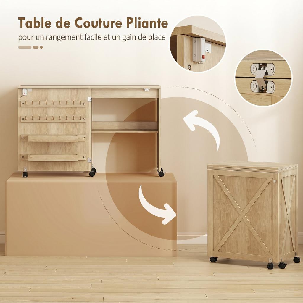 Folding Sewing Table, Rolling Sewing Furniture, Barn Door Magnetic Closure, 2 Bins, Shelf, 18 Pegs, Natural