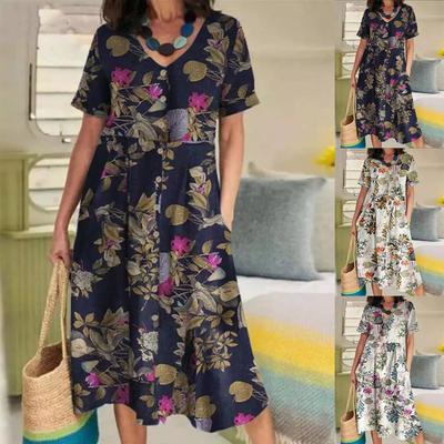 Women Button Blouse Dress Summer Female V Neck Short Sleeve Cotton Linen Beachwear Holiday Loose Party Dresses