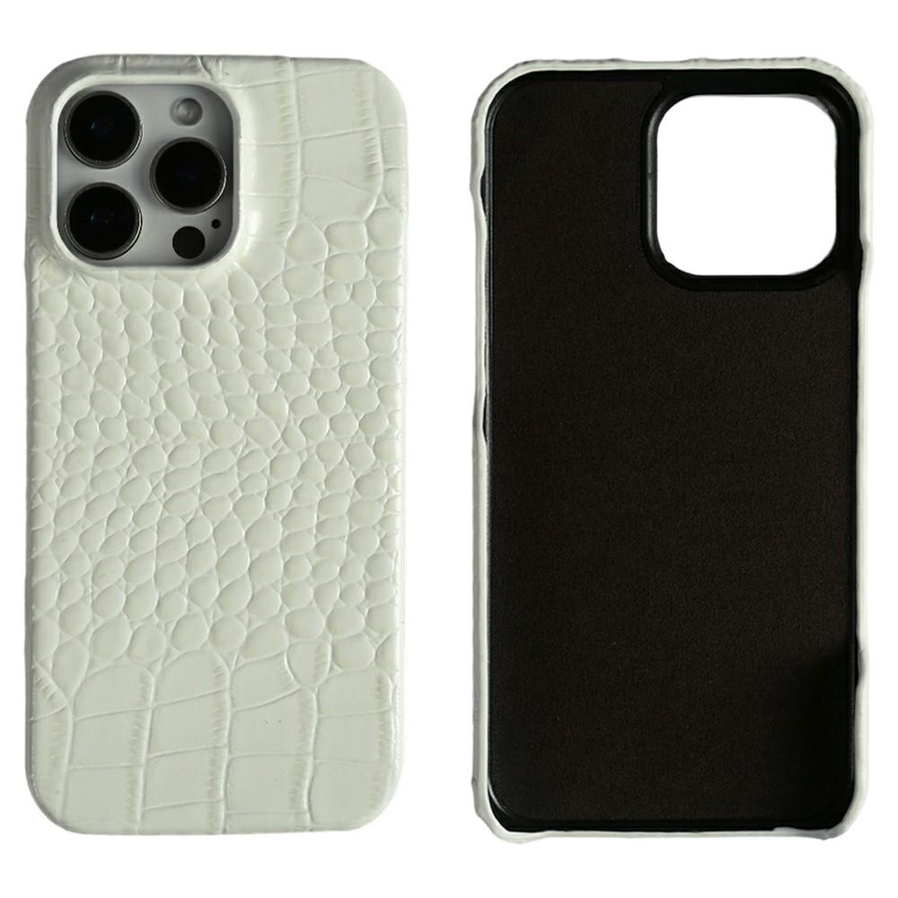 For iPhone 16 Pro Case Crocodile Texture Genuine Cow Leather Coated PC Phone Cover
