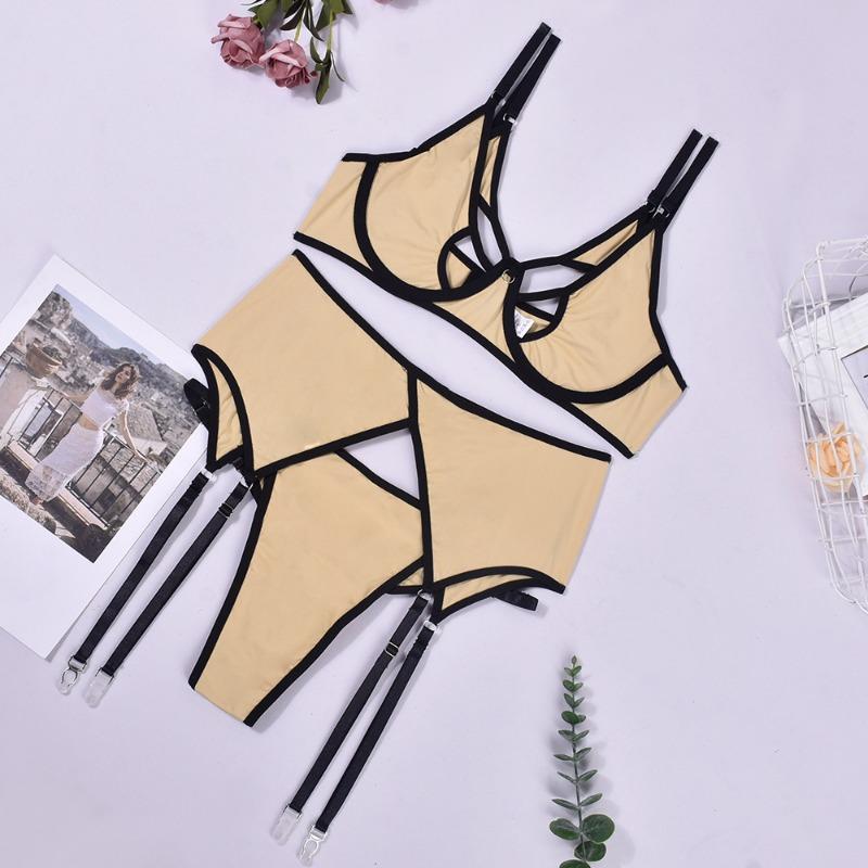 

Sexy underwear mesh yarn contrasting color complex breast dress sexy three-piece set S хаки