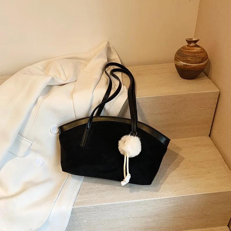 Monochromatic Faux Suede Shoulder Bag for Women Casual Bag Large Capacity Stitching Line Fashion