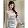 Spicy Style Sexy Lace See-through Hollow Long Sleeve Women's Autumn Winter Slim Short Top