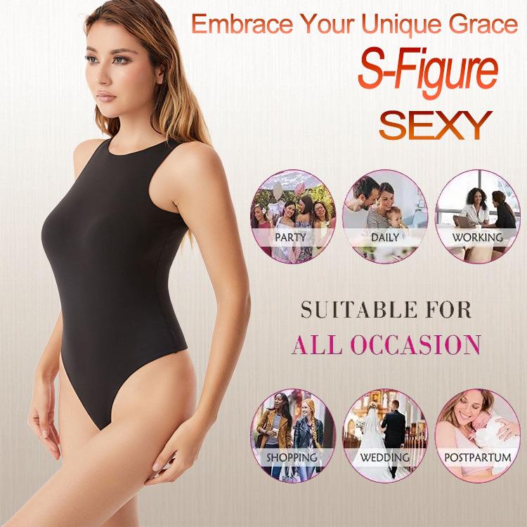 Kardashian Style Double-Layer High-Elastic Tummy-Control Bodysuit with Round Neck
