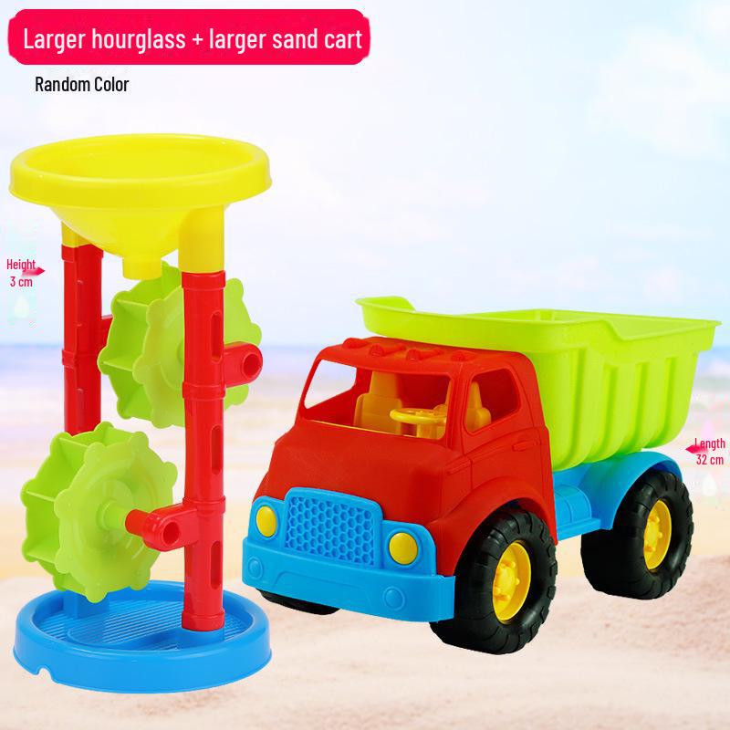 Strandspielzeug-Set für Kinder: Sandwerkzeuge, Sanduhr, Spielzeugauto und Eimer