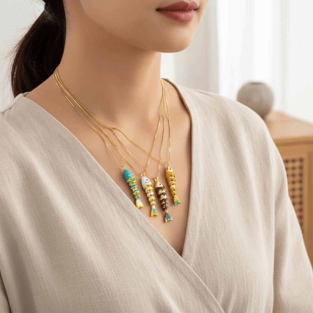 Colorful Glazed Necklace Ethnic Style Gold Jewelry Retro Enamel Fish Necklace  Jewelry Accessories