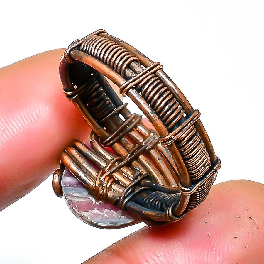 רודוכרוזיט אבן חן תכשיט עבודת יד ליפוף חוט נחושת טבעת מידה 10