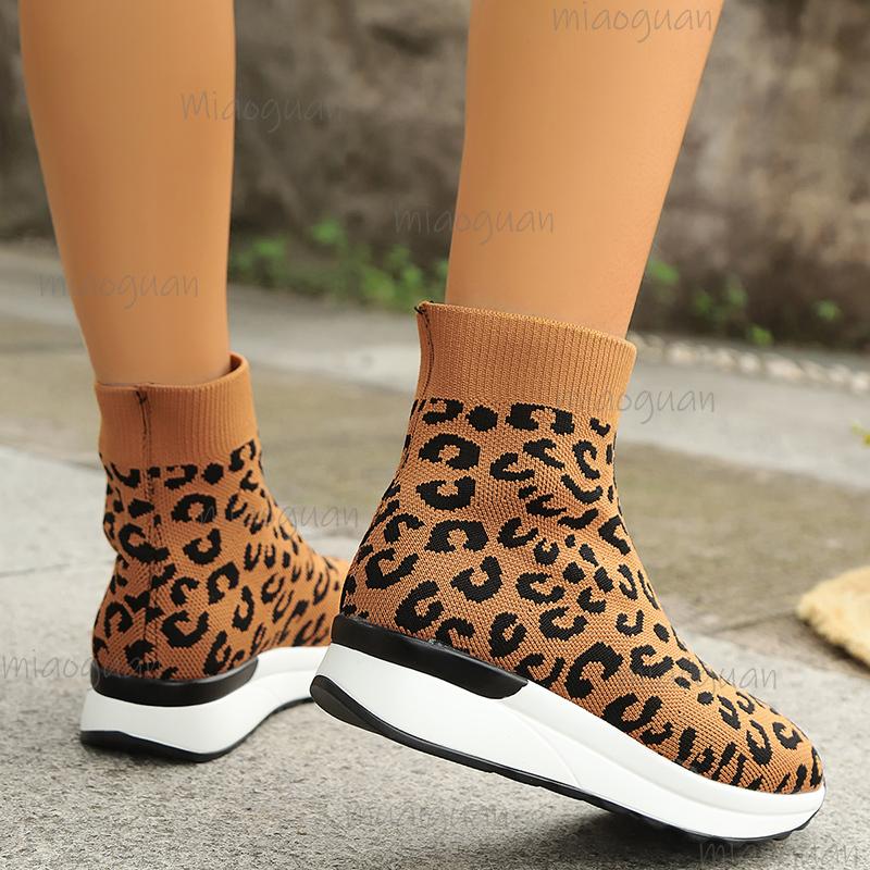 Fashion Leopard Printed Knitted Socks Sneakers for Women Breathable Casual Sports Running Shoes Woman Fashion High Top Slip-On Sneakers