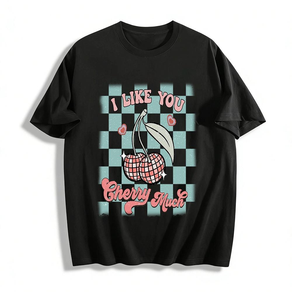 Retro Checkered Cherry Fun Slogan Casual T-Shirt Pure cotton T-shirt XXS