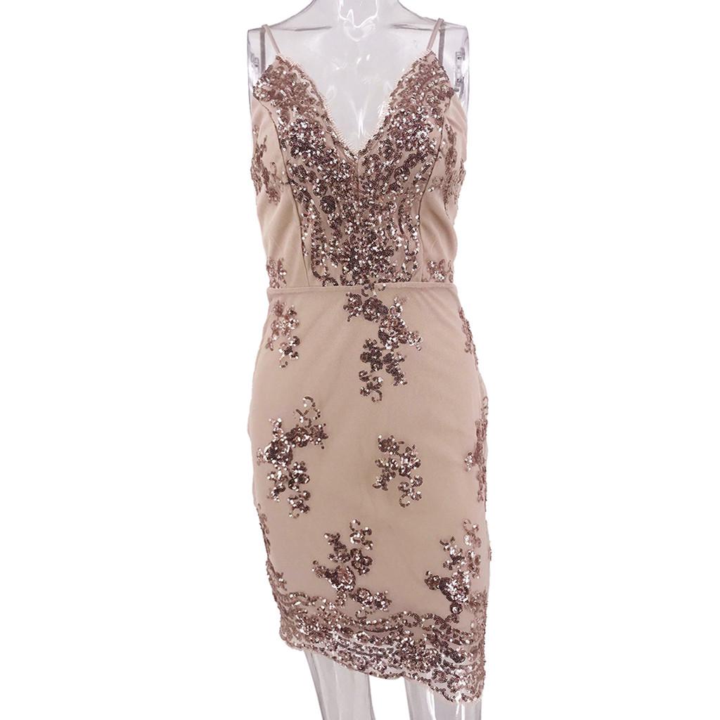 Sexy Women Sequin Lace Camisole Backless Party Flapper Cocktail Prom Dress