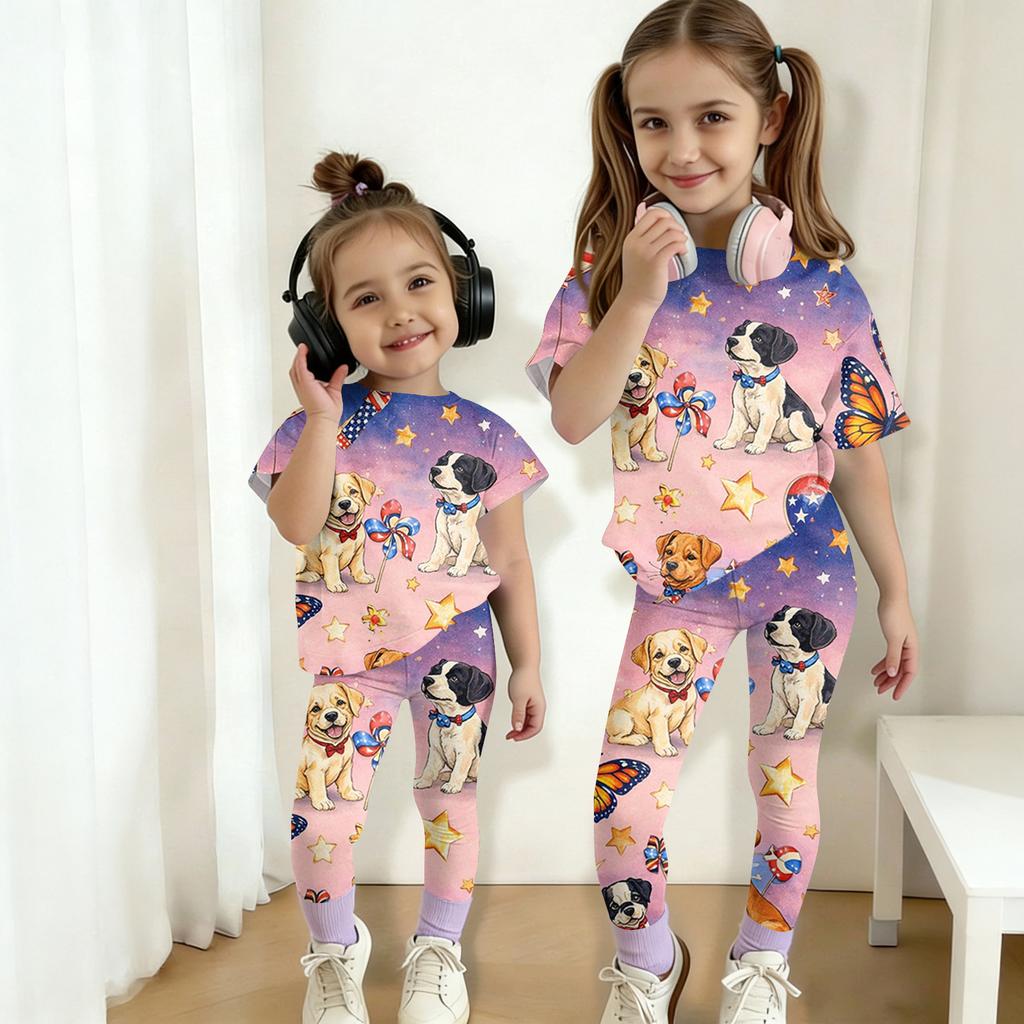 Jungen und Mädchen Unabhängigkeitstag Druck Set Kinder Freizeit Kurzarm Oberteil und Lange Hosen Set