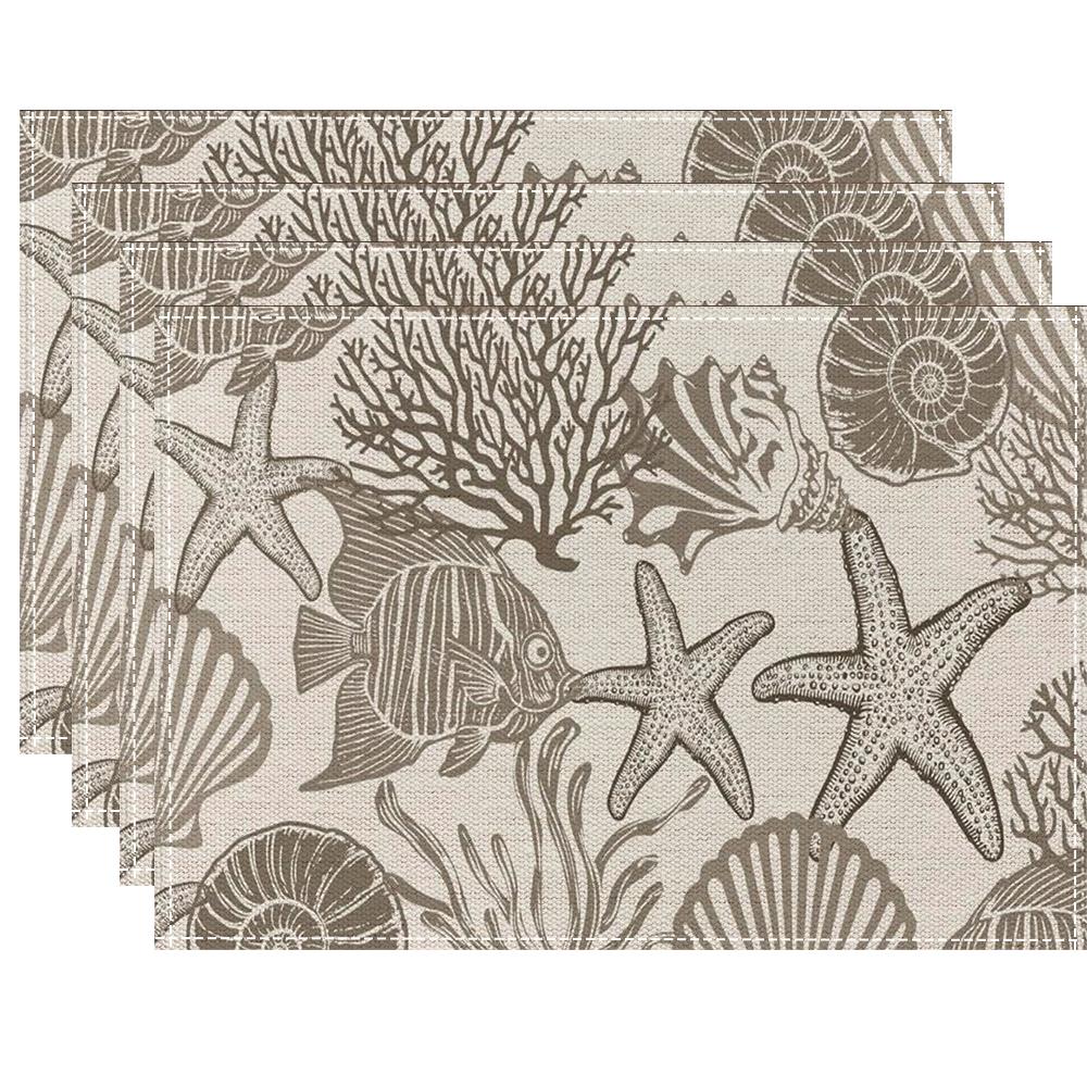 Hot Summer Beach Placemats Starfish Beach Theme Ocean Shell Printing Dust-proof and Heat-insulating Summer Placemats