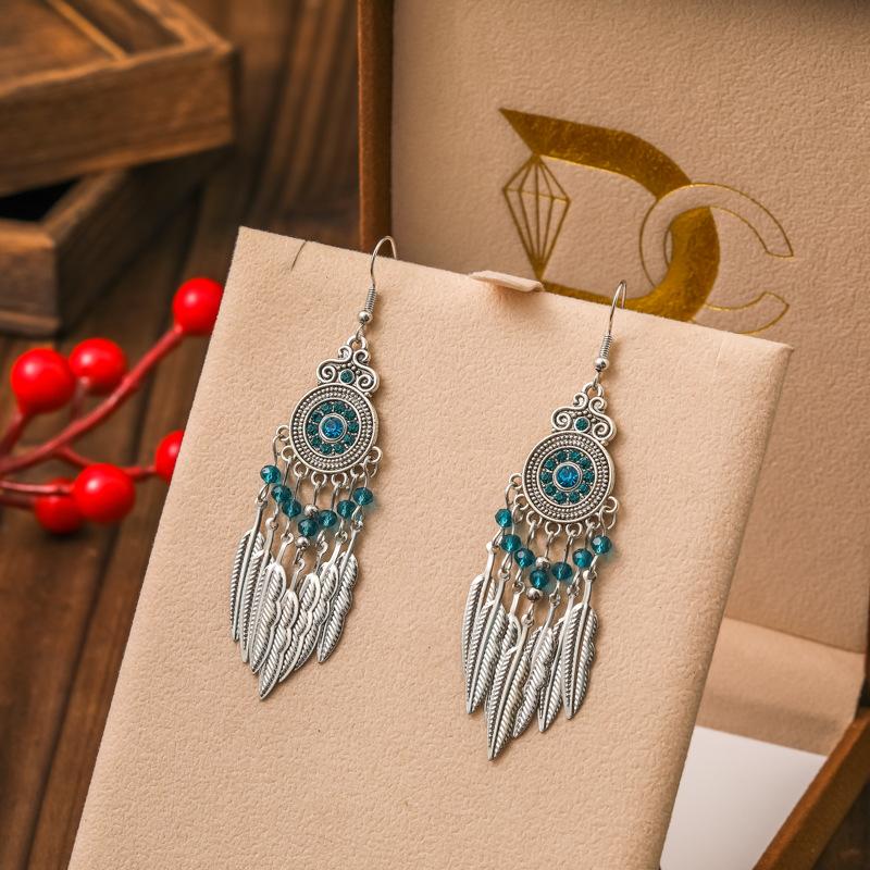 Vintage Bohemian Drop Dangle Earrings For Women Geometric Crystal Beads Handmade Leaf Tassel Ethnic Boho Beach Holiday Zircon
