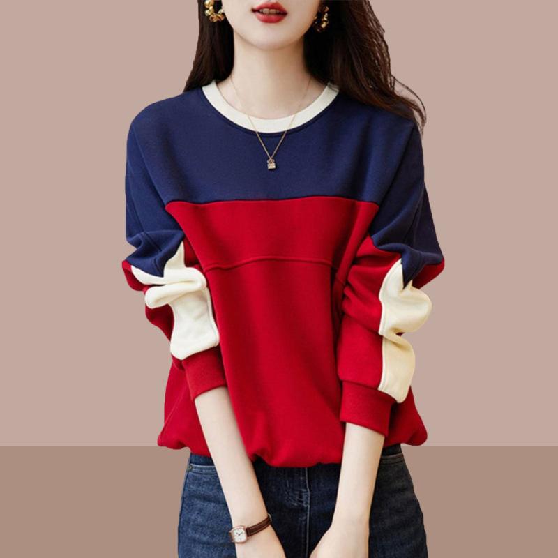 Women's Crew Neck Long Sleeve Sweatshirt Loose Fit Casual Color Block Patchwork Contrast Pullover Top Blouse