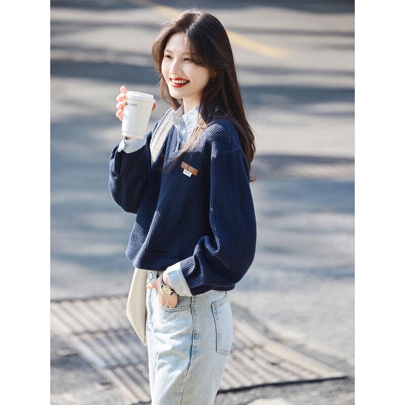 Women s Striped Patchwork Faux Two-Piece Short Sweatshirt S
