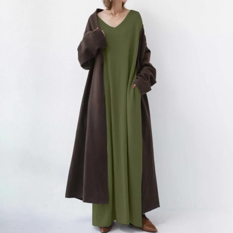 Fashionable Knitted Long Sleeve V-Neck Dress Casual Women's Maxi Dress Rabbit Fur Material Loose Waist Ankle-Length Skirt