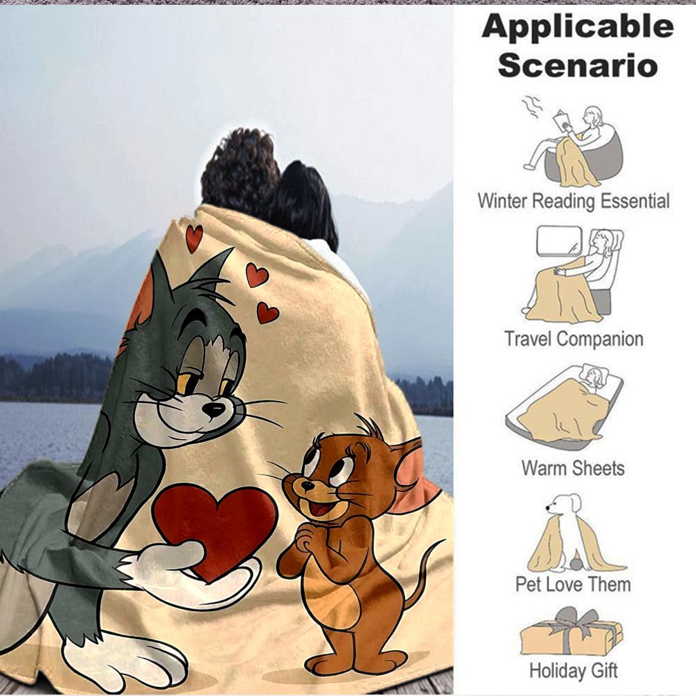 1pc Tom Jerry Love Heart Flannel Throw Blanket - Lightweight Soft Warm All-Season Blanket for Sofa, Bed, Travel, Camping L1029168