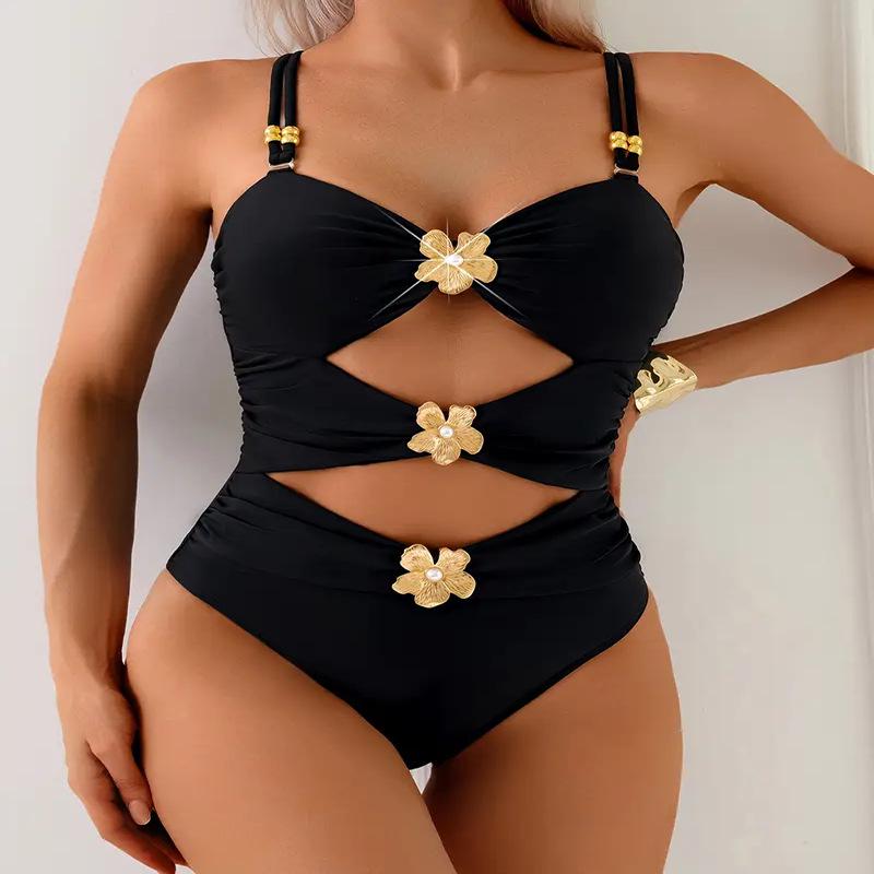 2025 New Style Women s Lace-up Swimsuit: Sexy Hollow-out with 3D Floral Design L чёрный