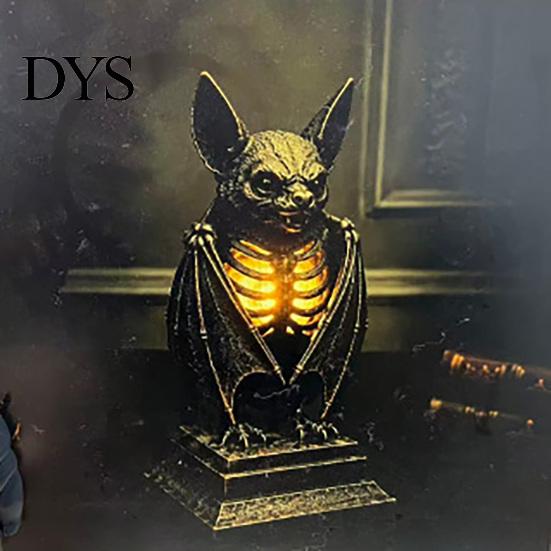 Dark Punk Room Decor Gothic Halloween Table Lamp, Spooky Raven Bat Skeleton Vintage Unique Gifts for Goth Lovers Resin LED Night Light Party, Tabletop