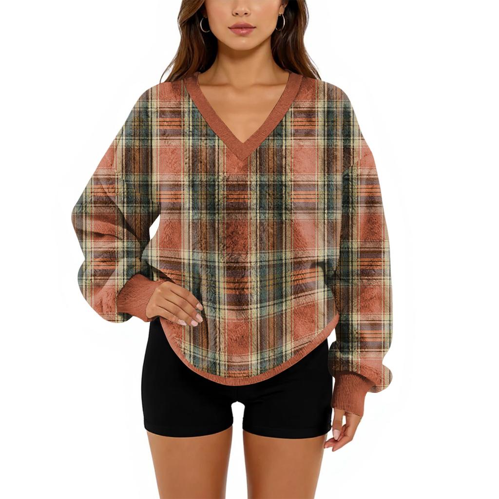 Women's V-Neck Sweatshirt Plush Solid Color Casual Fashion Long Sleeve With Pocketed Pullover Top