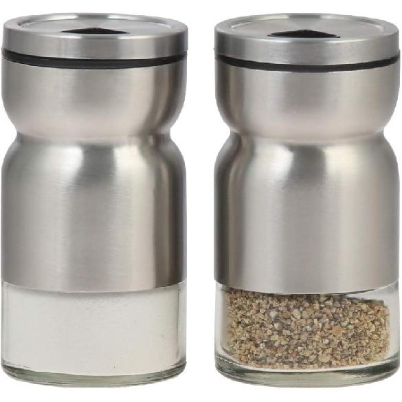 Salt and Pepper Shaker - with adjustable pour holes dispenser lids. Stainless Steel with Glass bottoms 2-Piece Set. (Stainless steel)