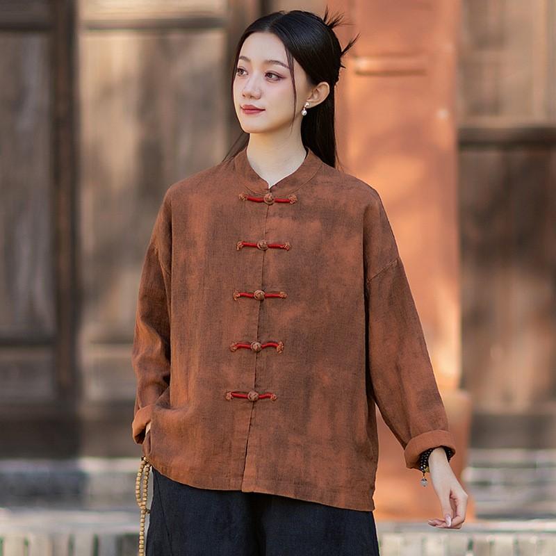 Johnature Women Vintage Blouses Spring Chinese Style Solid Color Shirts Stand Long Sleeve Button Shirts