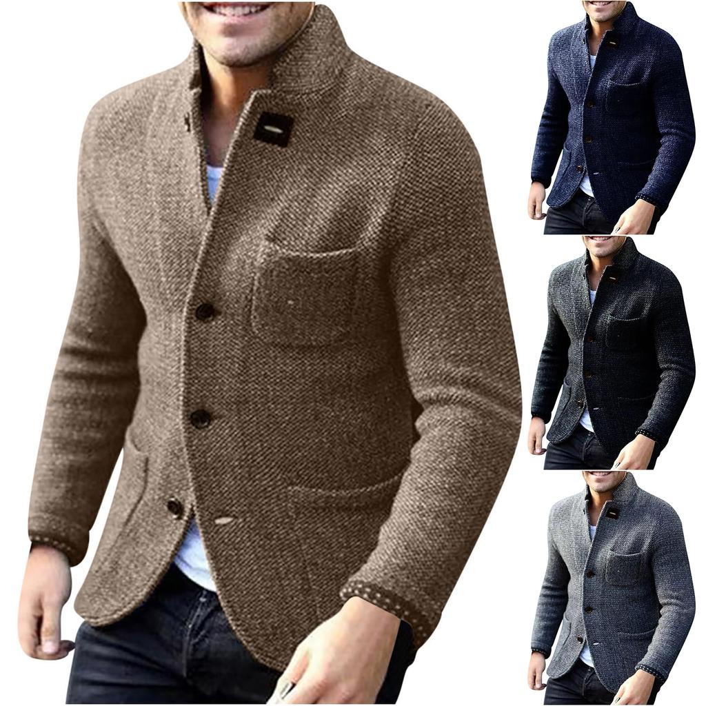 Men's Casual And Trendy British-style Solid-color Warm Cardigan Sweater, Men's Long-sleeved Button-up Stand-up Collar Sweater