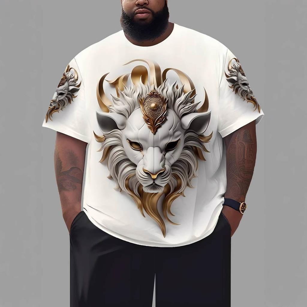 3D Lion Pattern Printed Short Sleeved Cool and Loose Summer Round Neck Top Men's T-shirts