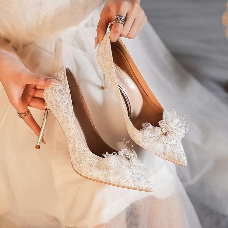 2024 Wedding Stilettos With Flowers White Temperament Stilettos With Party Gentle Wind Princess Women'S Shoes