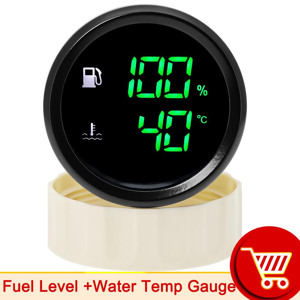 52mm 2in1 Gauge Digital Fuel Level Water Level Gauge With Alarm Water Temp Holding Tank Level Gauge Voltmeter for Car Boat Yach