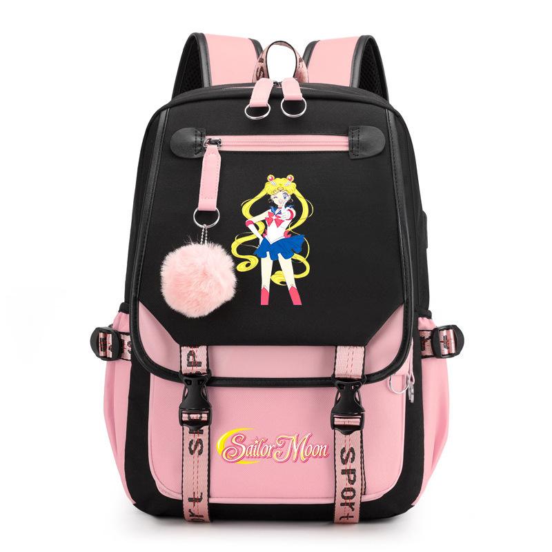Sailor Moon Cute Anime Printed Student School Bag USB Interface Large Capacity Canvas Bag Computer Bag