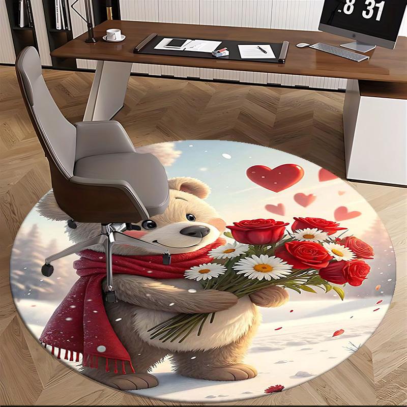 1pc Anime Design Round Carpet - Cute Bear with Flowers, Office Chair Mat, Non-Slip Rug for Home Decor, Seasonal Gift, Suitable for Office and Living R
