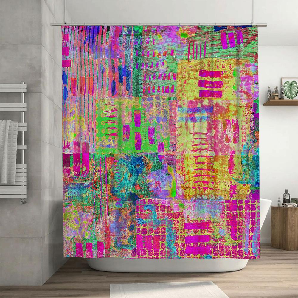Vibrant Shower Curtain Waterproof Fabric with Black Stripes Multicolored Accents for Home Decor In Bathroom Customizable Size Av