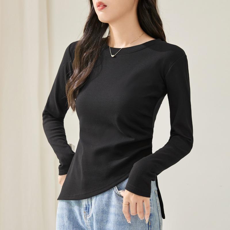 Spring and Autumn Women's Premium Peplum Long Sleeve Bottom Inner Split Top