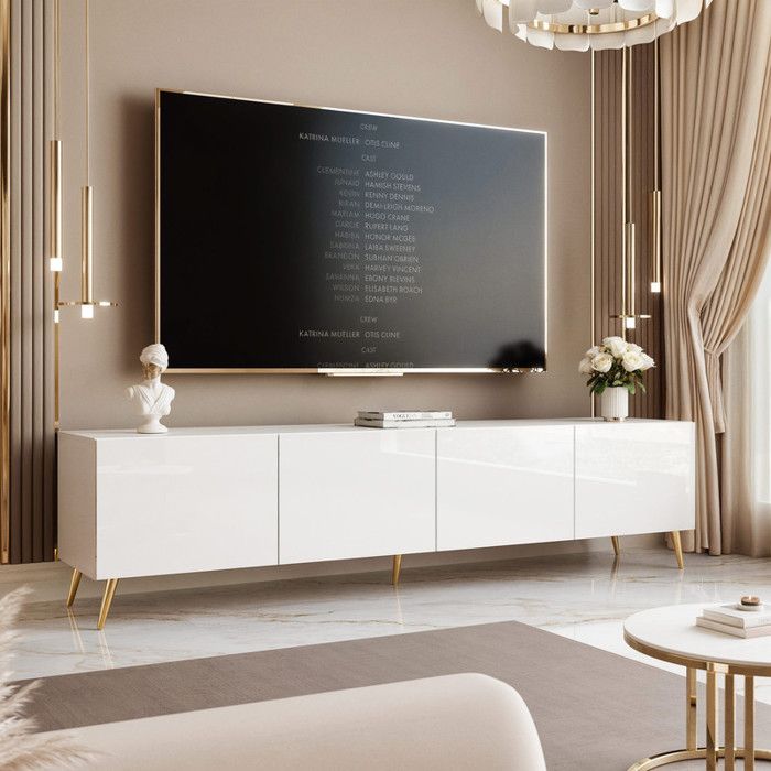 ANGEL TV Stand - with LED - 200x40x49 Cm - 4 Doors Without Handles - Glossy White