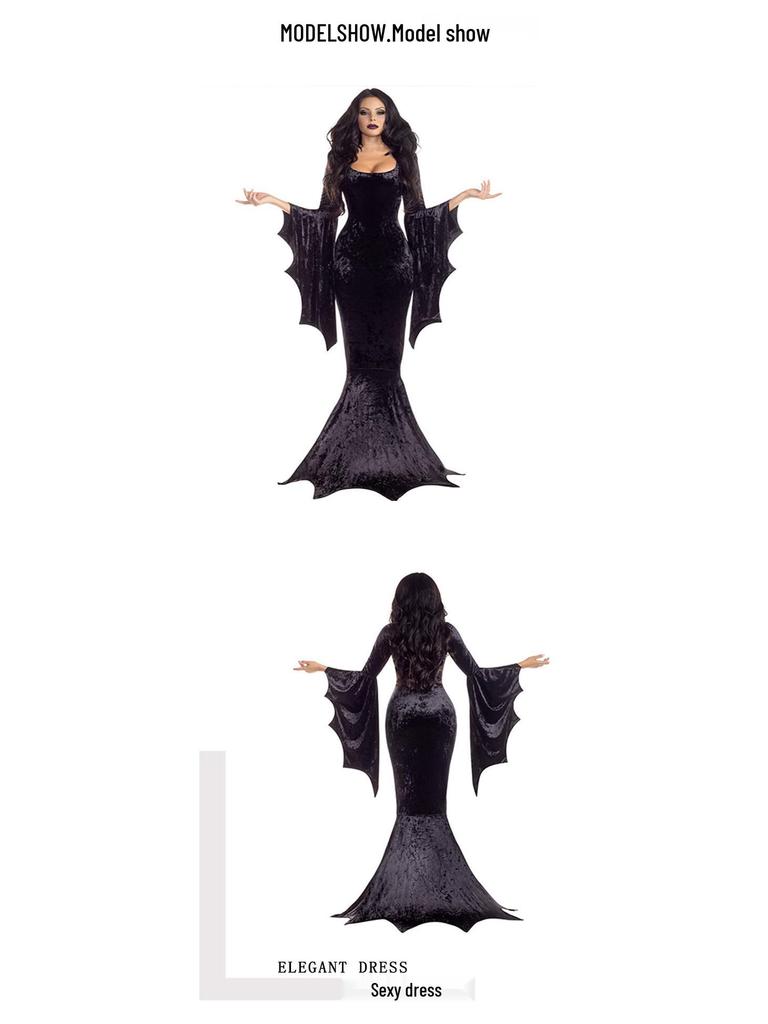 European & American Gothic Witch Vampire Halloween Masquerade Costume - Long Dress with Bat, Witch, Ghost, and Bride Themes for Performance