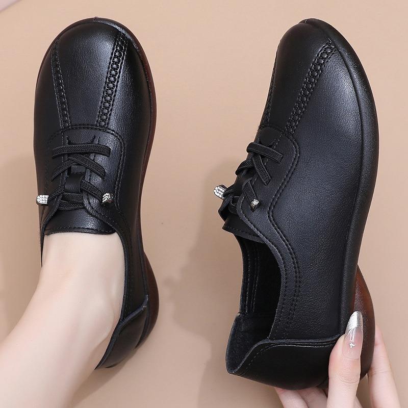 Spring Shoes Non-slip Comfortable Medium Lace-up Single Shoes Soft-soled Leather Shoes Elderly Shoes Jelly Sole Middle-aged and Elderly Women's Shoes