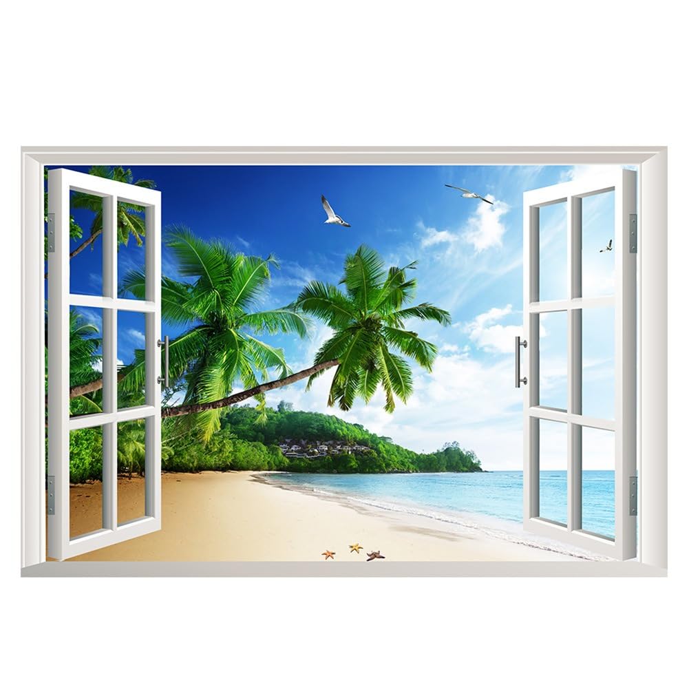 

Window Sticker Wall Sticker Fake Window Sticker Removable Stylish Hawaiian Beach Palm Trees Underwater Landscape Seabirds Seagull Waterproof Study